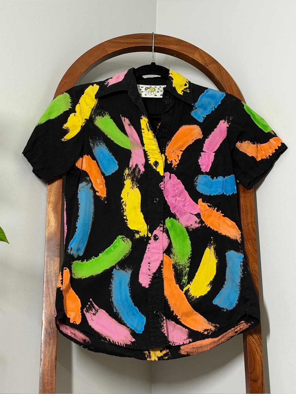 Big Bud Press Size P Black Multicolored Paint Stroke Pantry Button Front Shirt